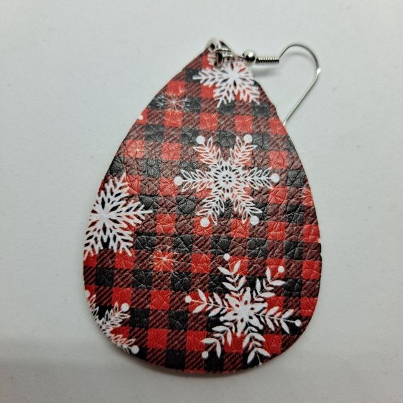 Christmas Earrings Tear Drop Buffalo Plaid Snowflake Bling Faux Leather Red Hook - Picture 4 of 5